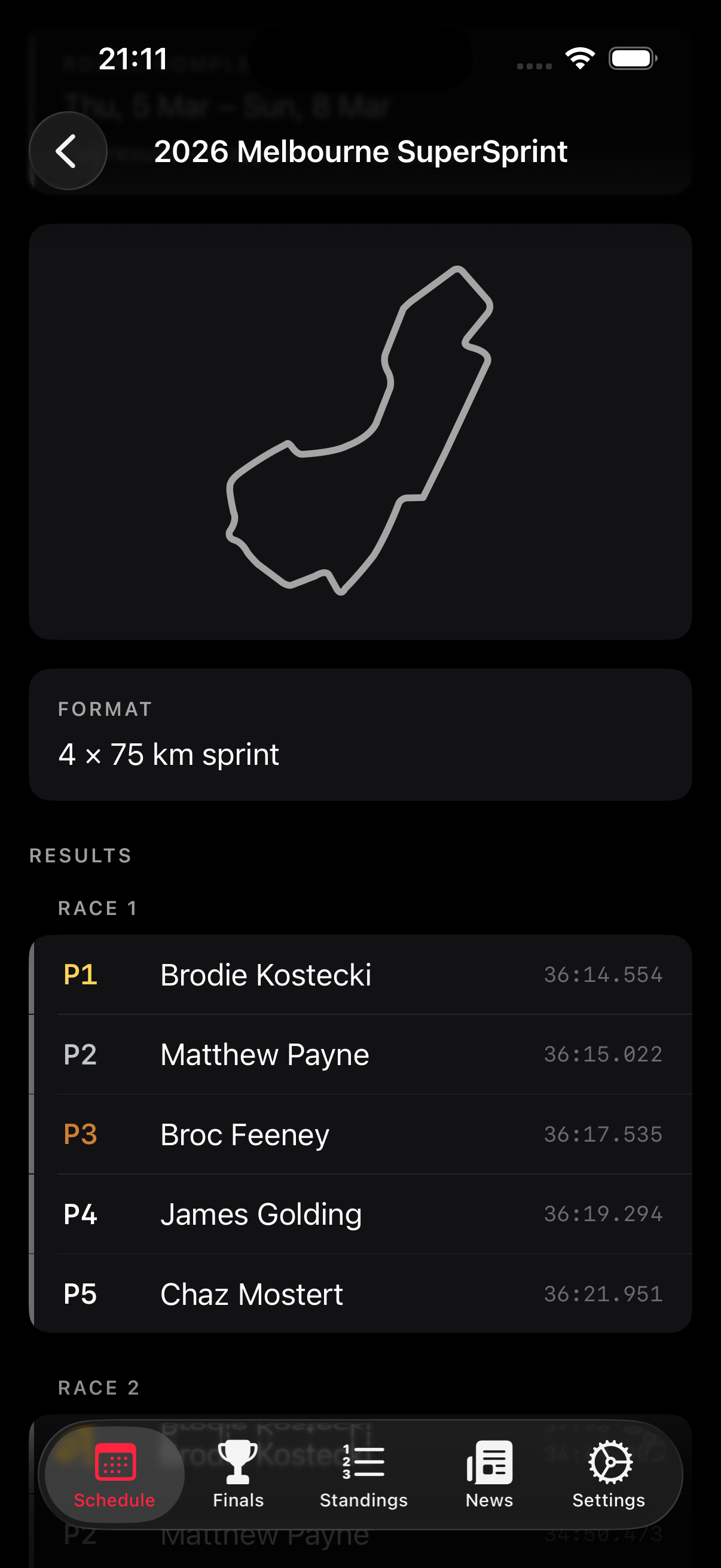 Round detail with track outline and race results