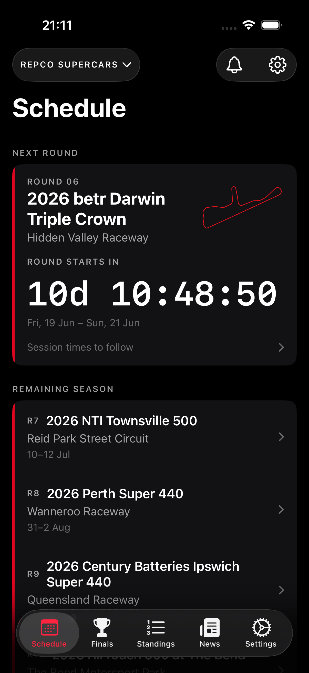 V8 PitWall Schedule screen showing the next Supercars round counting down